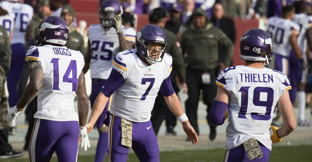 Stefon Diggs #14 Minnesota Vikings celebrating with teammates during 2017 season