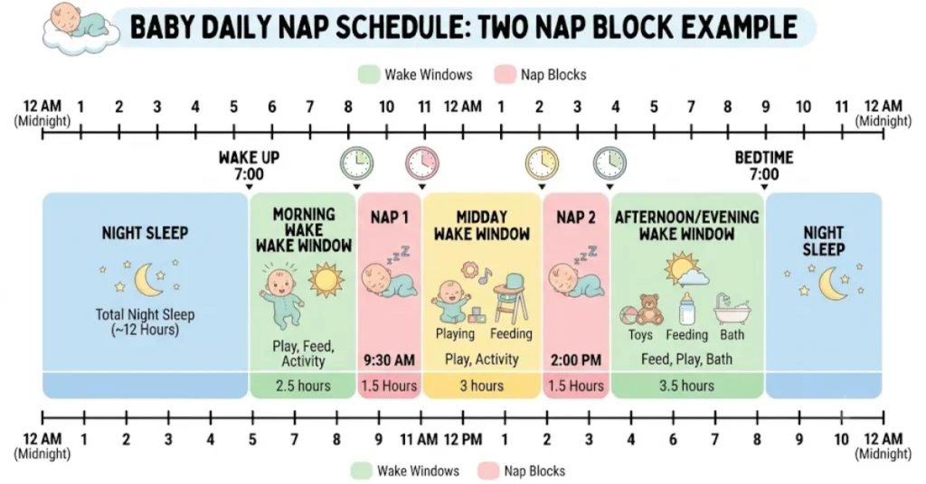Baby daily nap schedule infographic showing two-nap routine for 9-month-old with wake windows, nap blocks at 9:30 AM and 2:00 PM, and 12 hours night sleep