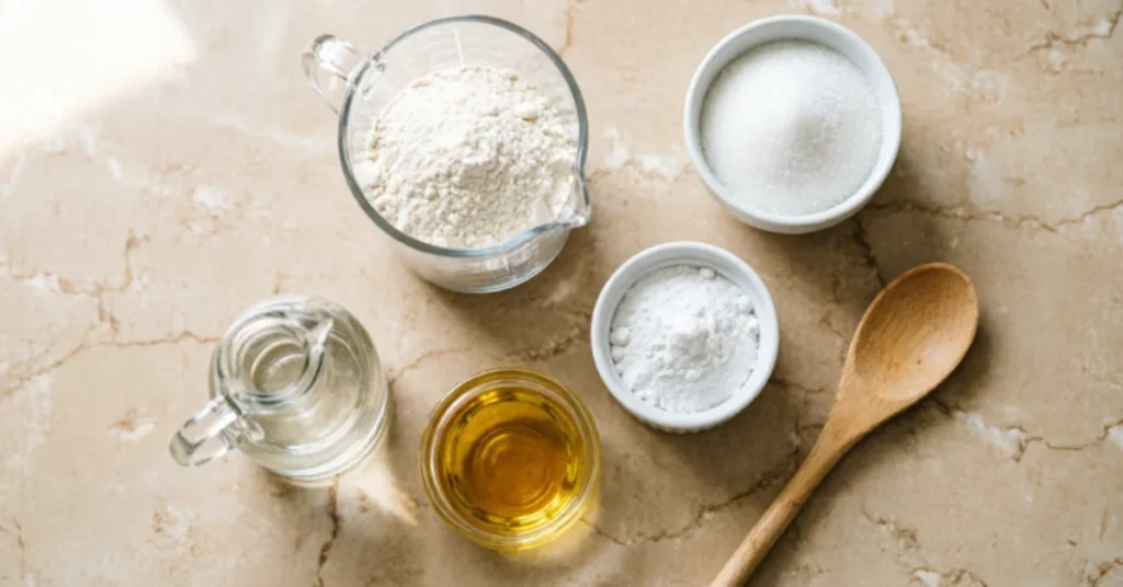 Overhead flat-lay of eggless cake ingredients: flour, sugar, vinegar, oil, and baking soda on marble countertop