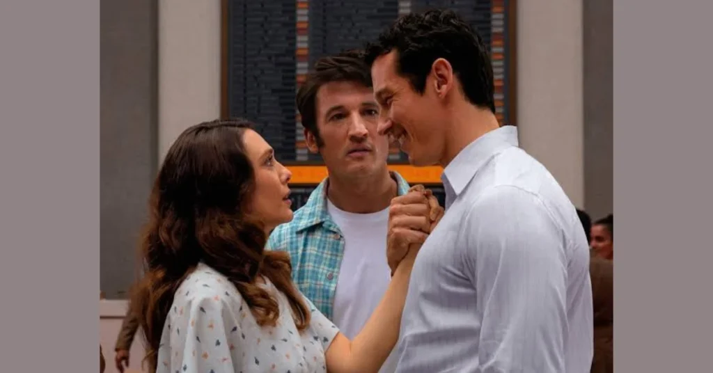 Elizabeth Olsen as Joan caught between Miles Teller and Callum Turner in the movie Eternity.