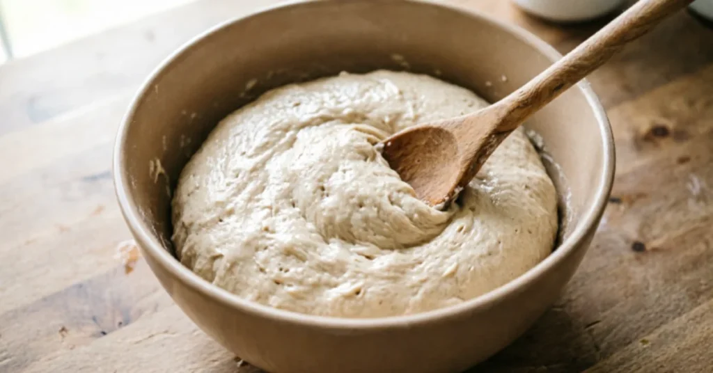 Stack of homemade flatbreads with one in a black cast iron skillet, displaying browned spots from quick stovetop cooking - part of the 30-minute no-yeast bread recipe