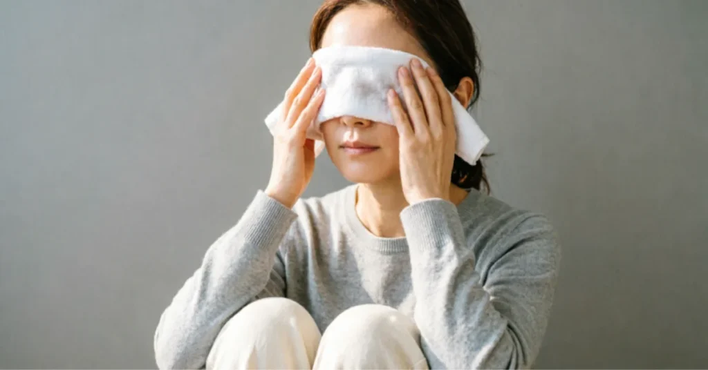 Person applying clean damp white washcloth compress to eyes for pink eye home treatment, cool compress therapy for conjunctivitis relief
