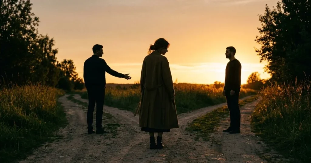Woman standing at a crossroads between two men during golden sunset, representing a difficult romantic choice.