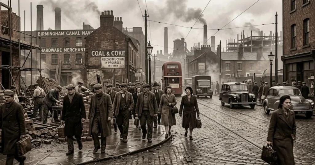 1950s Birmingham postwar reconstruction scene with scaffolding, "Reconstruction in Progress" signs, and vintage red bus on cobblestone streets for Peaky Blinders series