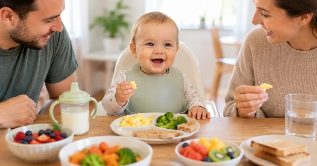 Happy 9-month-old baby self-feeding variety of foods at family table with parents and milk cup
