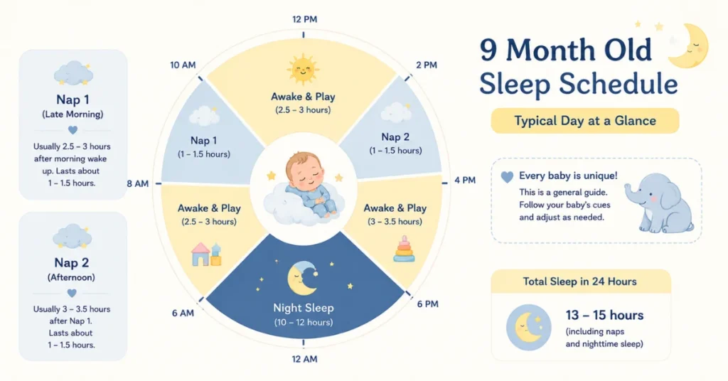 9 month old sleep schedule chart showing typical day with 2 naps (1-1.5 hours each), wake windows of 2.5-3.5 hours, and 10-12 hours of nighttime sleep totaling 13-15 hours per 24 hours