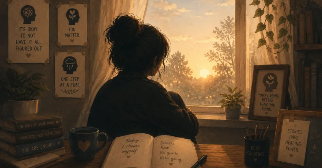 Illustration of a woman at a desk by a sunlit window with mental health affirmations and a journal, symbolizing hope and healing from postpartum depression.