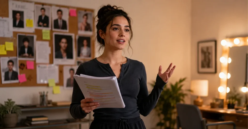 Young actress preparing for audition rehearsal in professional casting room with headshots board and vanity mirror, holding script sides