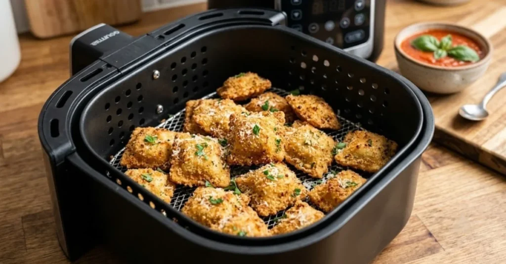 An air fryer basket filled with crispy, golden-brown toasted ravioli, garnished with grated parmesan cheese and fresh parsley, with a small bowl of marinara sauce in the background.