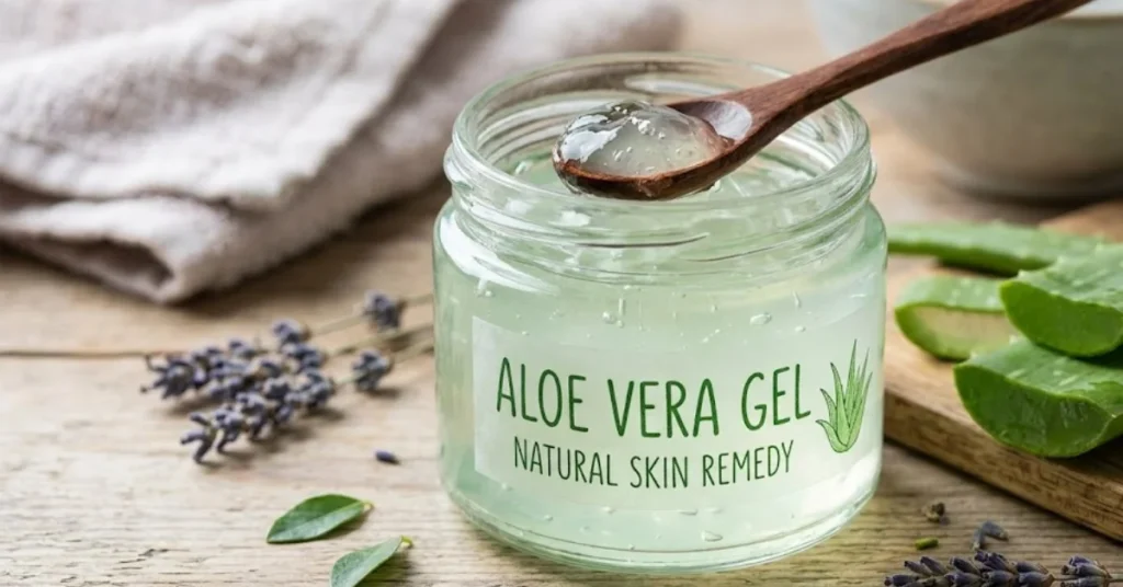 Jar of aloe vera gel labeled "Natural Skin Remedy" with a wooden spoon, fresh aloe leaves, and lavender on a rustic wooden table.