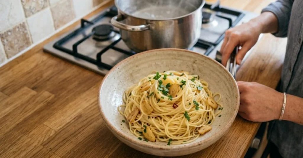 Overhead shot of a bowl of garlic and oil pasta on a kitchen counter next to a pot.