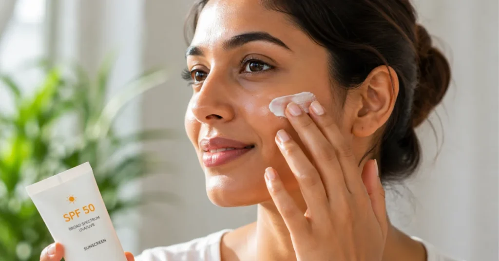 Woman applying SPF 50 broad spectrum sunscreen as final step of morning skincare routine