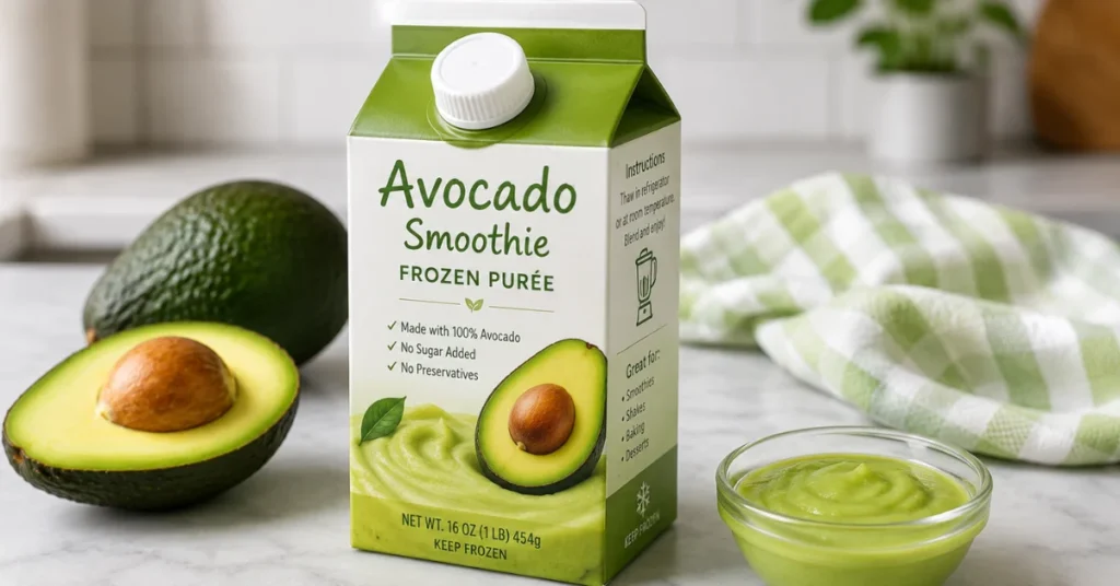 Avocado frozen puree carton with fresh avocado halves.