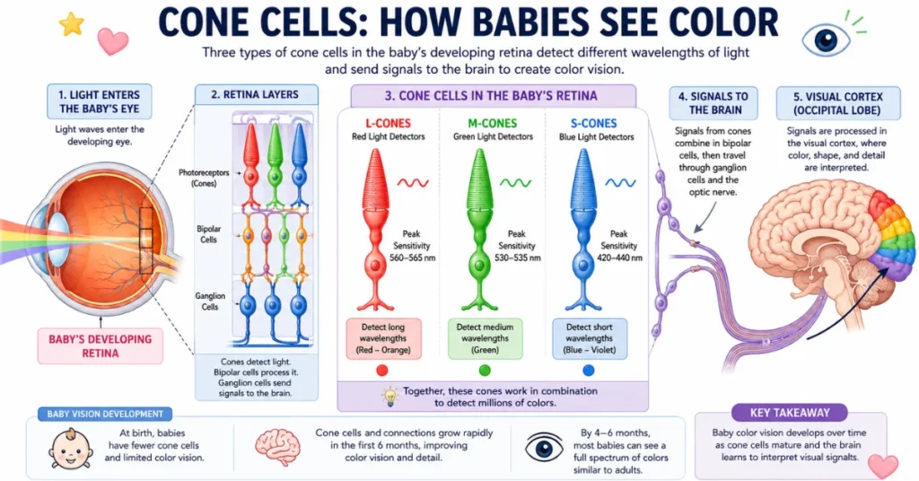 Diagram showing how babies see color: L-cones detect red light (560-565nm), M-cones detect green (530-535nm), S-cones detect blue (420-440nm) in baby's developing retina, with neural pathway to visual cortex