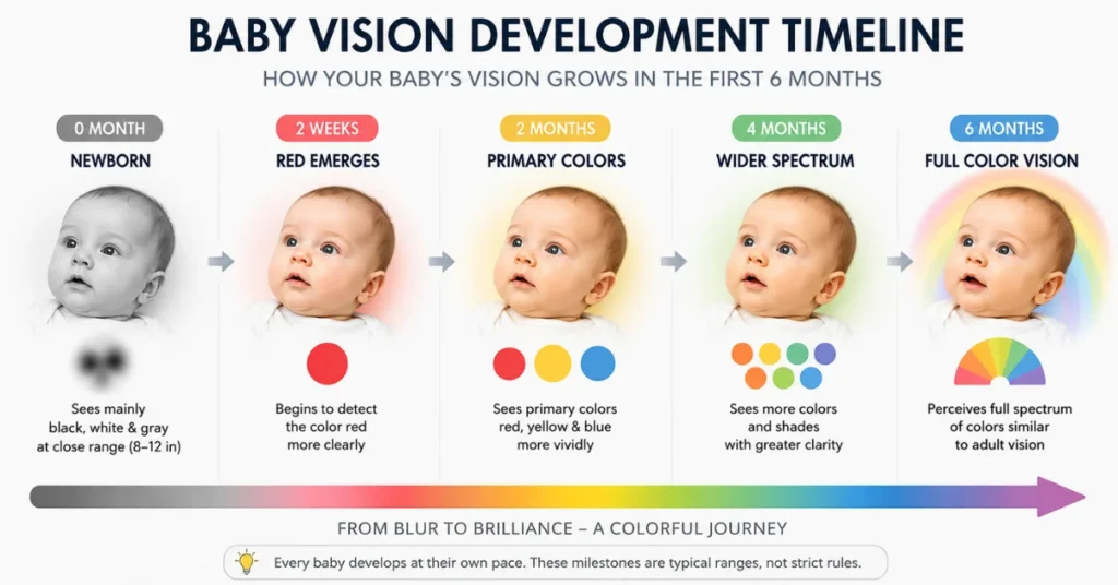 Infant color vision development chart showing milestones from 0-6 months: grayscale to red detection to full spectrum vision