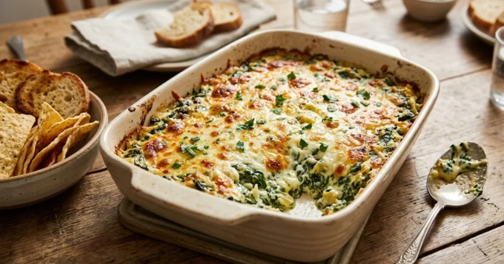 A ceramic baking dish filled with baked spinach dip, topped with melted golden-brown cheese and fresh parsley, rests on a wooden table with tortilla chips and bread.