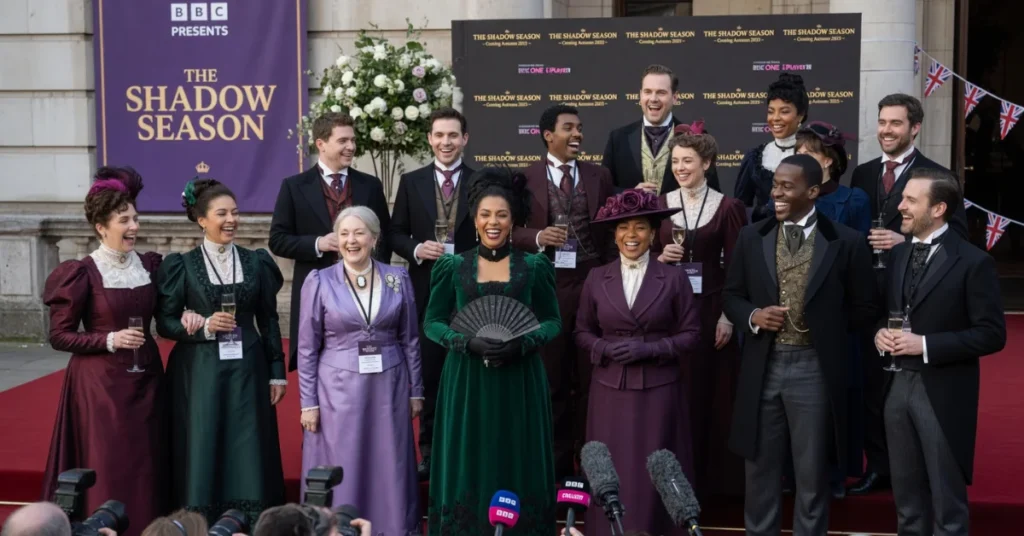BBC period drama ensemble cast photocall with actors in Edwardian costumes celebrating at red carpet press event