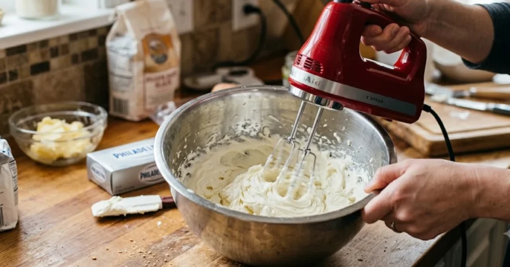 A person uses a red electric hand mixer to beat cream cheese in a stainless steel bowl on a wooden counter.
