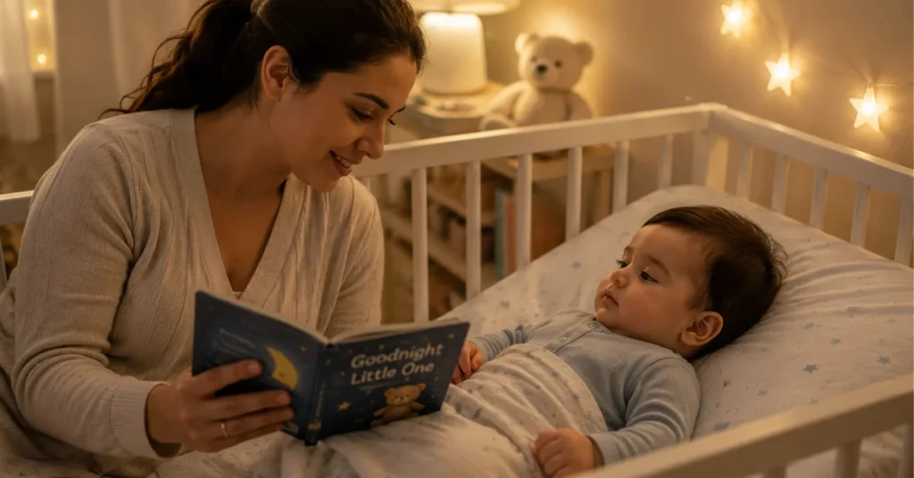 Mother reading bedtime story book to 9 month old baby in crib with soft star lights as part of calming nighttime routine