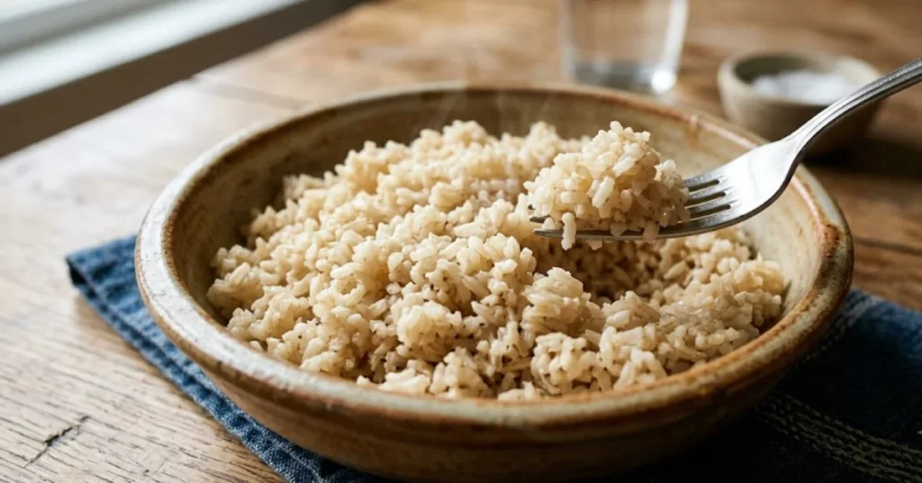 A fork lifting a portion of fluffy brown rice from a rustic ceramic bowl sitting on a wooden table.