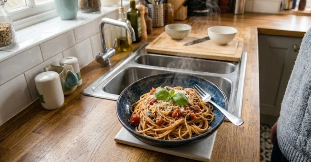 A high-angle shot looking down at a steaming bowl of spaghetti with tomato sauce and basil on a wooden kitchen counter next to a sink.
