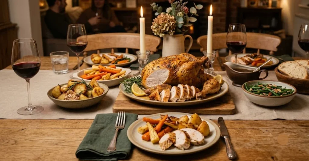 A carved roast chicken sitting center stage on a cozy dinner table, surrounded by roasted vegetables, side dishes, wine, and warm candlelight.