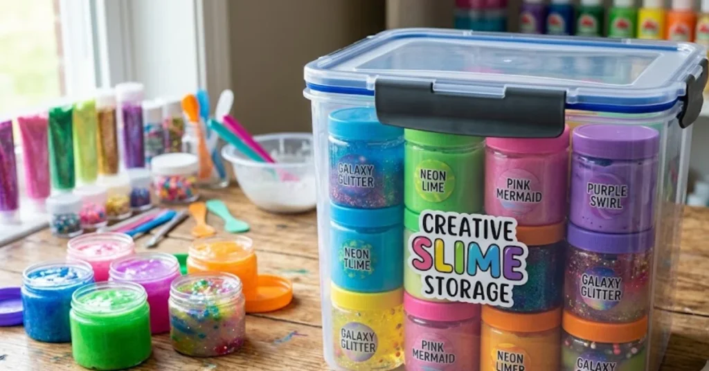 An organized craft table featuring an airtight plastic bin labeled "CREATIVE SLIME STORAGE," stacked neatly with individual, labeled slime jars in vibrant colors like neon lime, pink mermaid, and galaxy glitter. Several open, colorful slime jars and mixing supplies sit on the wooden workspace nearby.