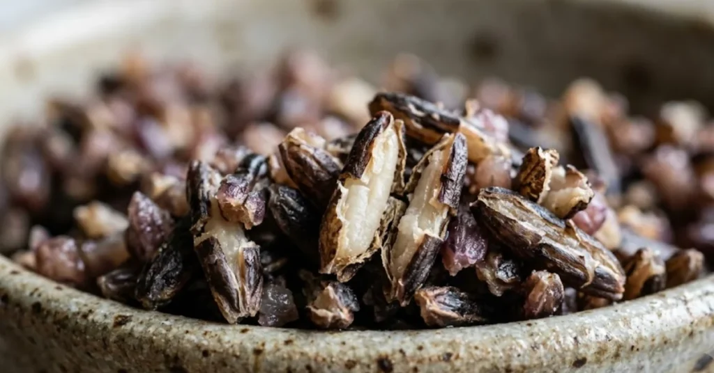 An extreme close-up of cooked wild rice in a ceramic bowl, showing grains split open to reveal their soft, pale interiors against their dark outer husks.