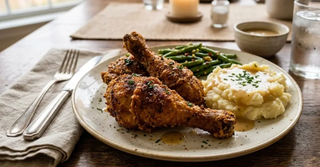 Golden, crispy fried chicken drumsticks served on a dinner plate alongside mashed potatoes with gravy and sautéed green beans.