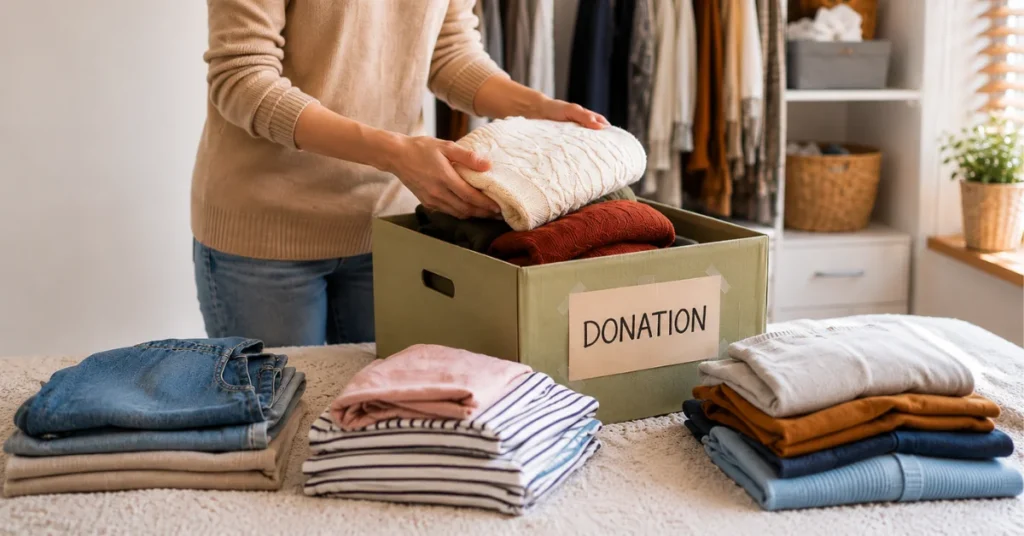 Woman folding clothes into a green donation box during a closet decluttering process.