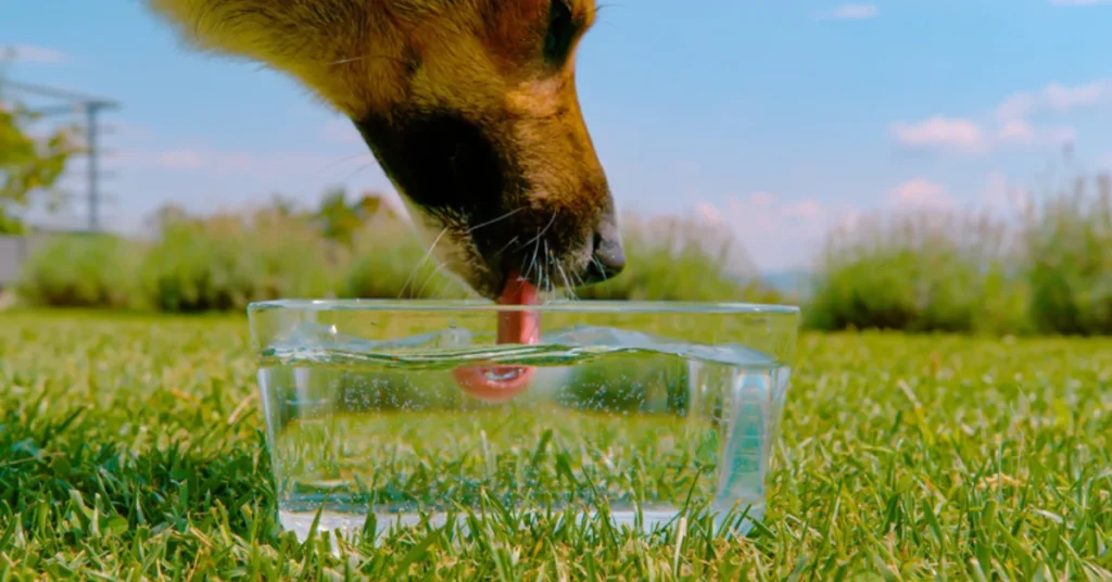 Dog lapping water from a transparent bowl on a grassy lawn"