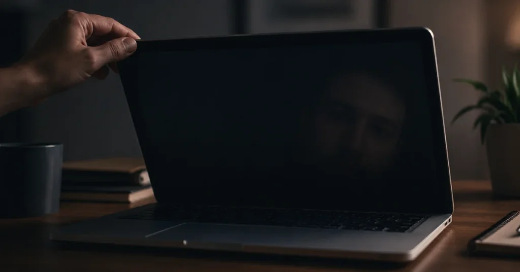 Hand holding privacy screen filter over laptop on wooden desk