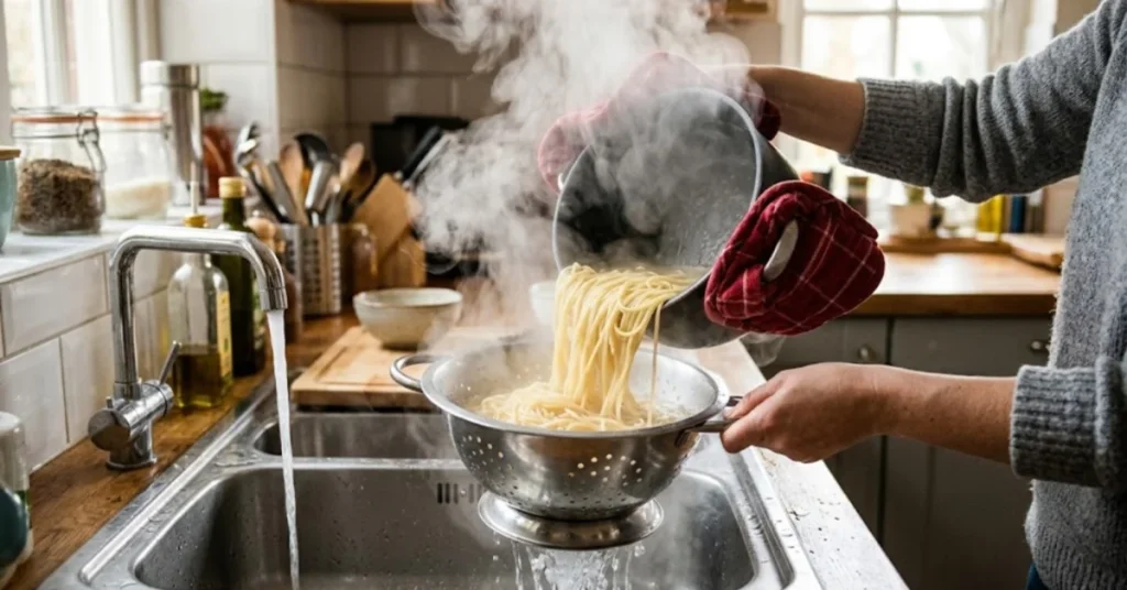 A close-up shot of a person pouring hot spaghetti from a pot into a metal colander sitting in a kitchen sink, with steam rising from the water.