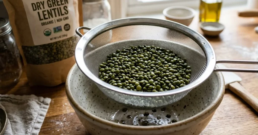 Green lentils draining in a metal mesh strainer over a ceramic bowl, with a bag of dry lentils in the background.