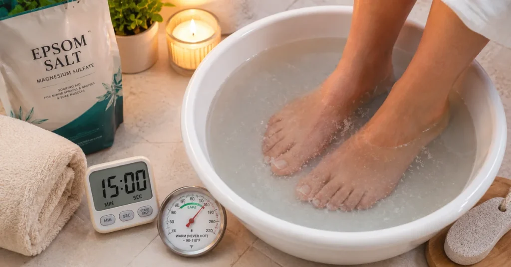 Feet soaking in a basin with Epsom salt, showing a 15-minute timer and a thermometer indicating warm safe water temperature.
