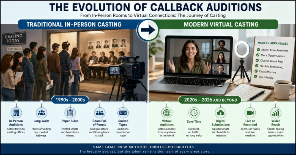 Evolution of callback auditions: Traditional in-person casting 1990s-2000s vs modern virtual casting 2020s-2026
