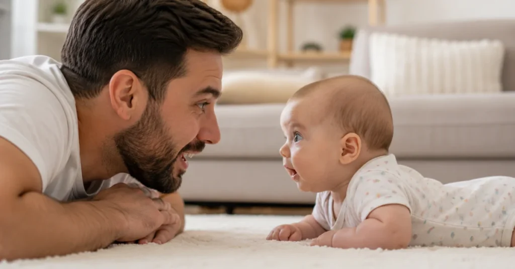 father and baby face-to-face during tummy time supporting visual tracking development