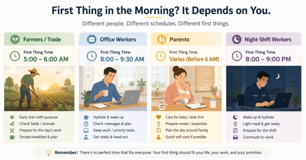 Infographic showing different first thing morning times for farmers 5-6am, office workers 8-9:30am, parents before 6am, and night shift workers 8-9pm