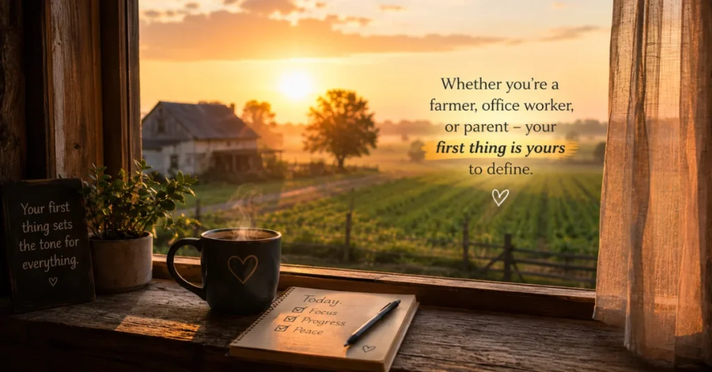 Morning coffee and journal on rustic windowsill overlooking farmland at sunrise - your first thing in the morning is yours to define