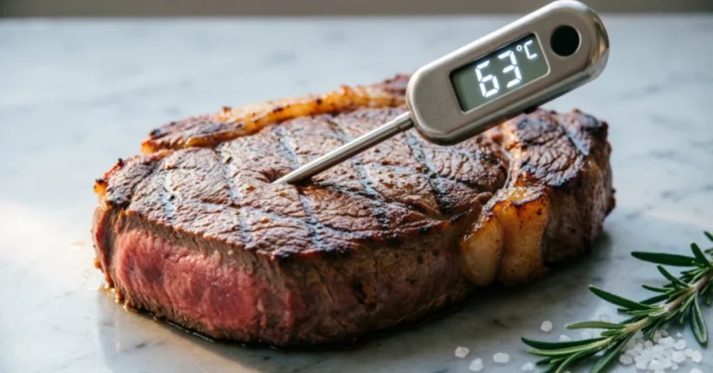 A grilled steak with a digital meat thermometer inserted, displaying 63°C, resting on a marble surface with rosemary and coarse salt nearby.