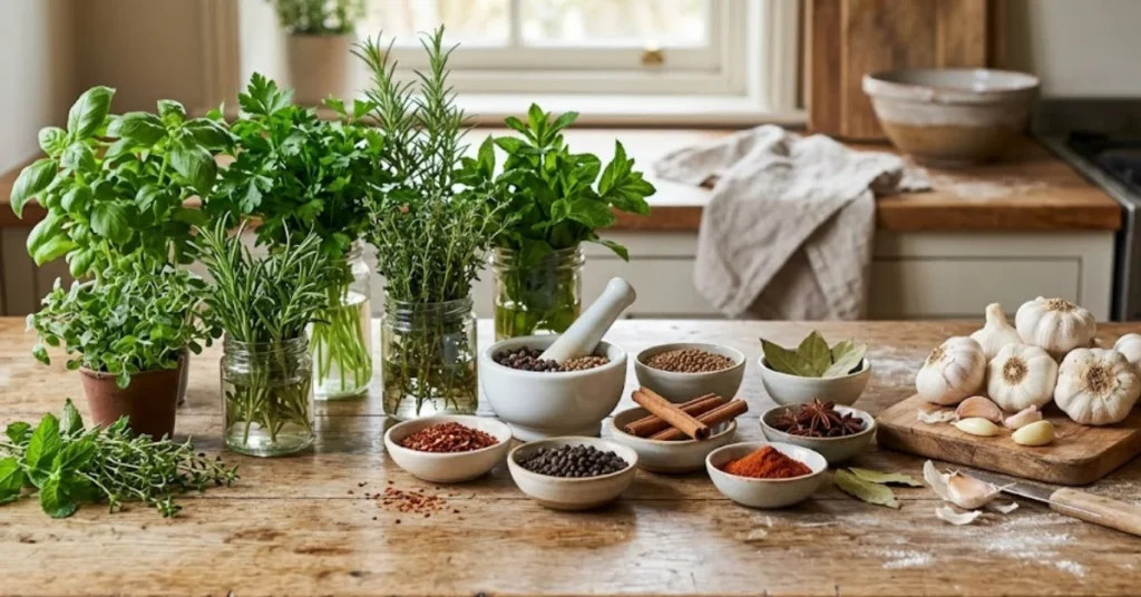 A rustic wooden countertop is filled with fresh herbs in jars (basil, parsley, rosemary, mint) alongside small ceramic bowls of dried spices, a mortar and pestle, fresh ginger, and a cutting board piled with garlic heads in a bright kitchen.