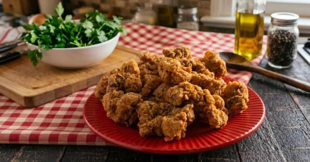 Fried chicken gizzards on a red plate.