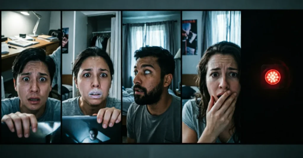 Five-panel video call screen showing worried friends with panicked expressions looking at their screens, with one dark panel featuring a glowing red camera light, illustrating the horror film Don't Log Off