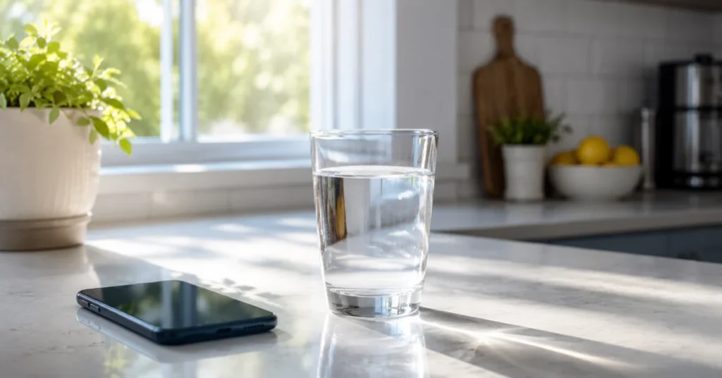Clear glass of water on white kitchen counter with morning sunlight, smartphone face-down beside it
