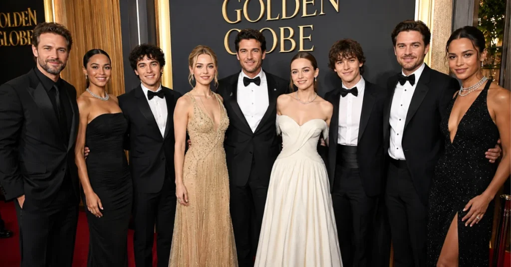Ensemble cast at Golden Globe Awards red carpet representing powerhouse casting trend