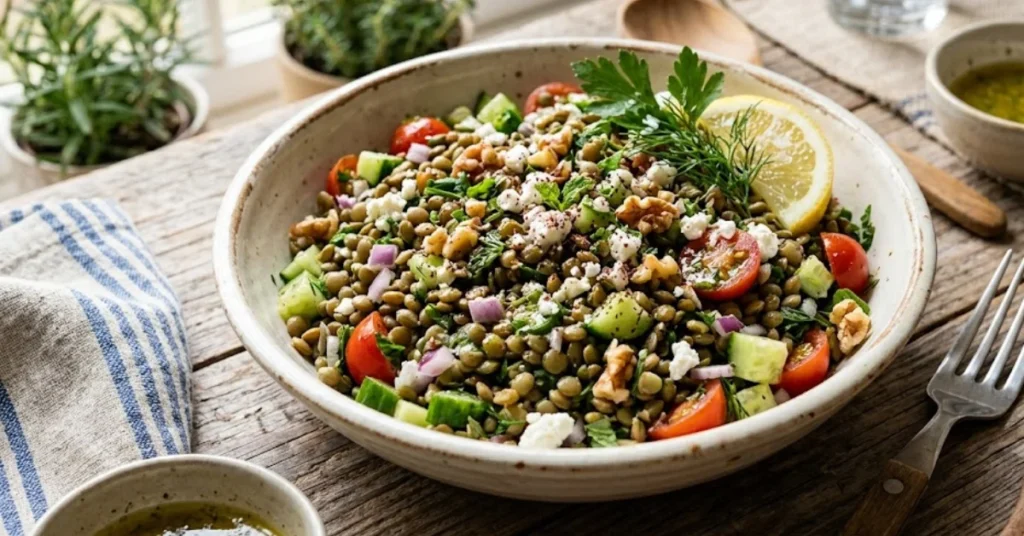 A green lentil salad bowl with chopped tomatoes, cucumbers, red onions, feta cheese, walnuts, and herbs, drizzled with vinaigrette on a wooden table.