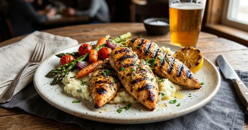 Grilled chicken tenderloins with charred grill marks served over mashed potatoes alongside roasted carrots, asparagus, and cherry tomatoes, with a grilled lemon slice on the side.