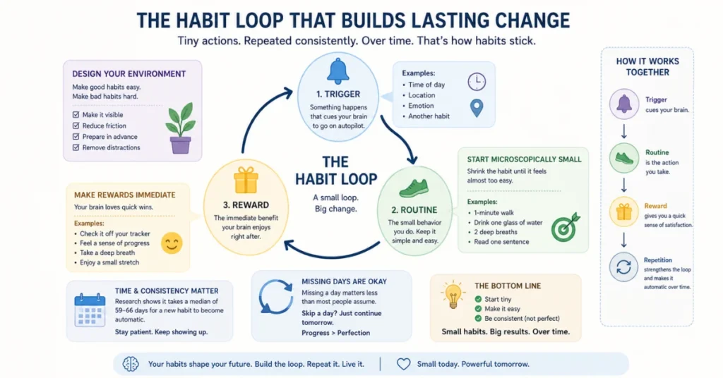 Habit loop diagram showing trigger, routine, and reward cycle with environment design tips and 59-66 day timeline for building lasting habits