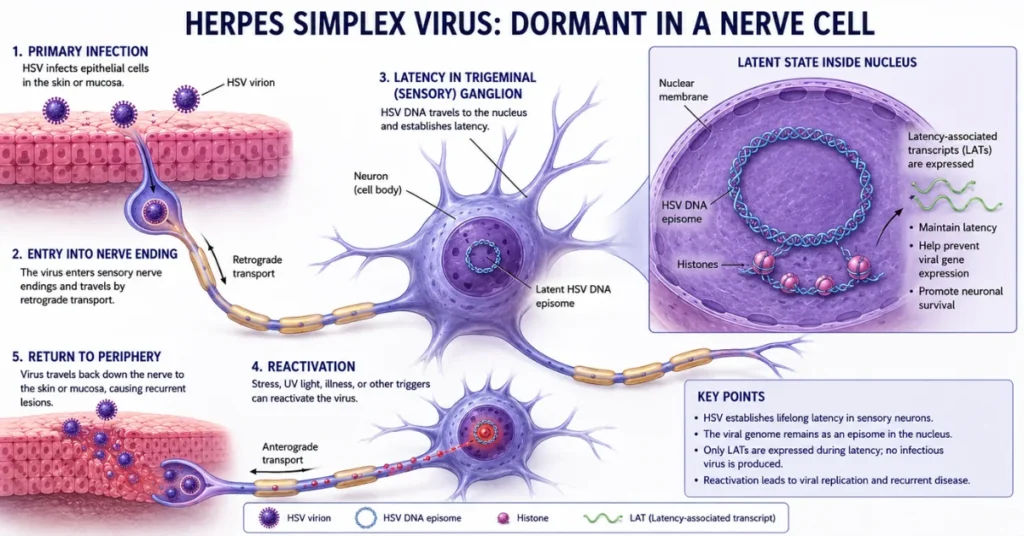 HSV latency diagram showing the virus traveling from the skin to a sensory nerve cell, remaining dormant in the nucleus, and later reactivating to cause recurrent infections.
