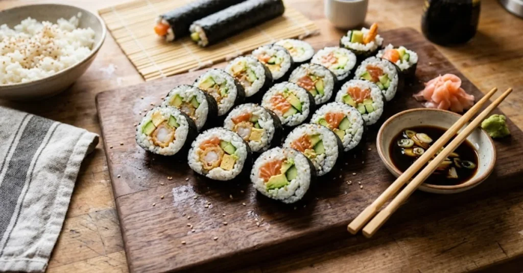 A high-angle shot of sliced homemade sushi rolls neatly arranged on a wooden board next to a dipping bowl with chopsticks, a bowl of rice, and ingredients on a kitchen counter.